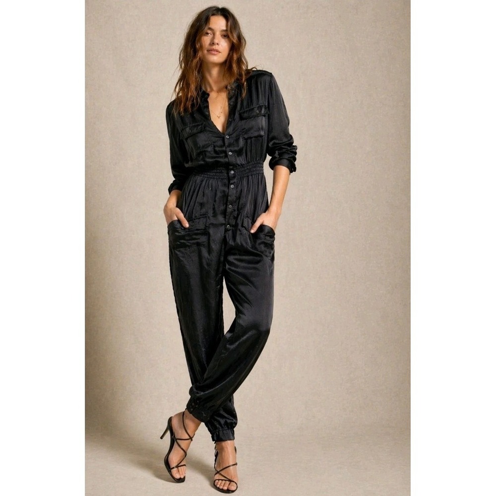 NEW!‎ Denim & Supply Ralph Lauren Black Satin Jumpsuit Utility Button Womens XXS